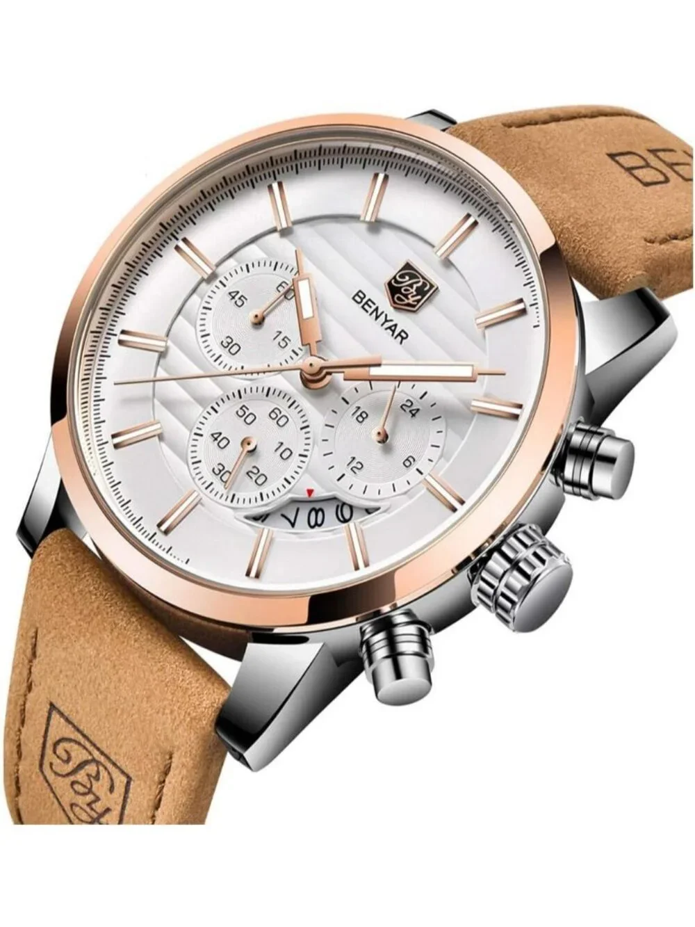 Men's Brown Gold White Analog Quartz Chronograph Waterproof Fashion Wrist Watch